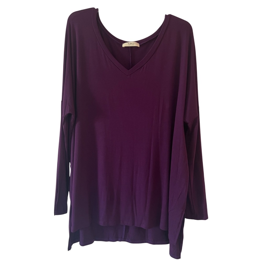 A.gain Womens Purple Oversized V-Neck Tunic Top Long Sleeve Made in USA 0029